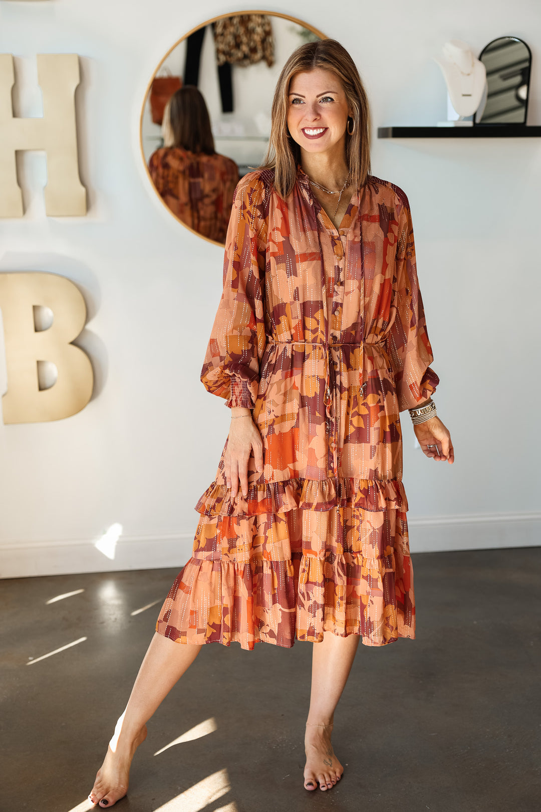 Fall Printed Dress - Brown Multi