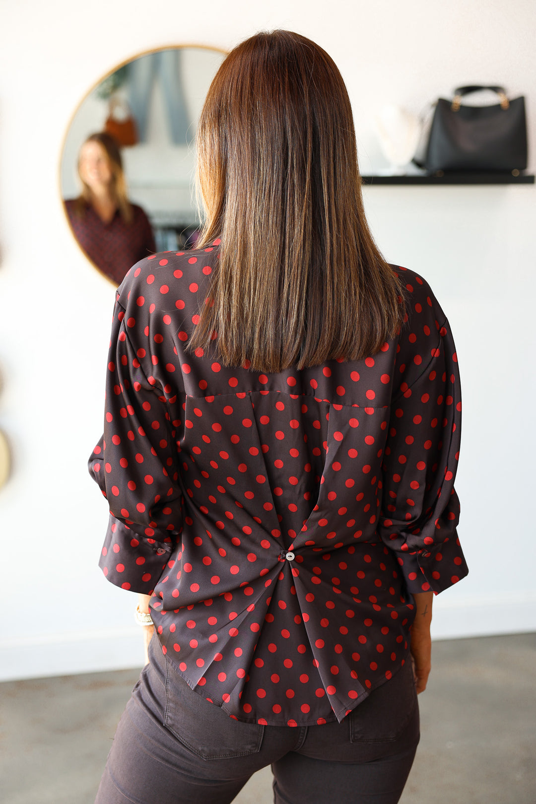 Polka Dot Button Down Top - Brown/Red