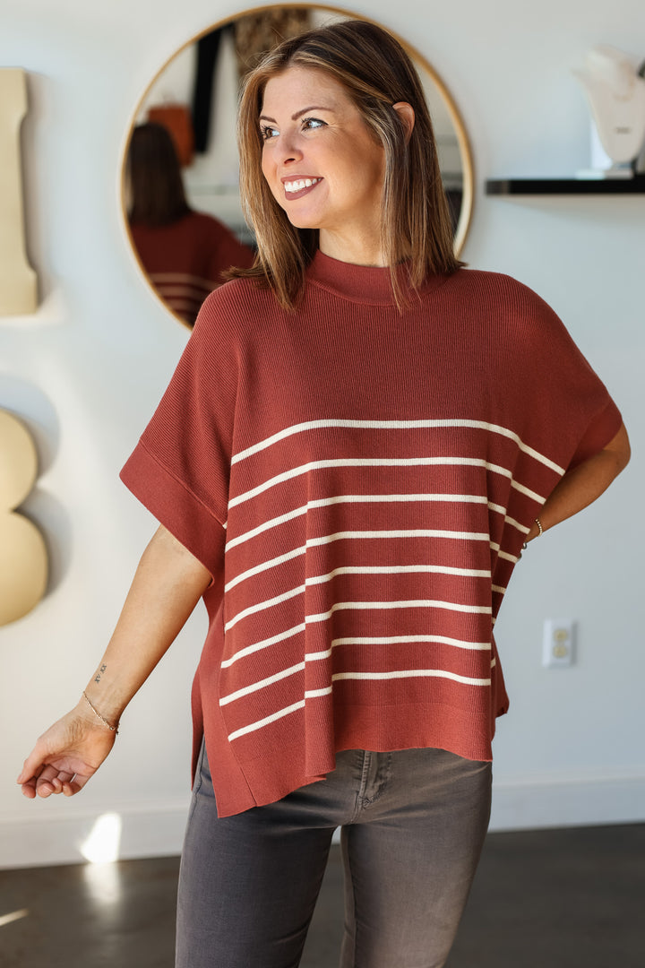 Short Sleeve Striped Sweater - Rust