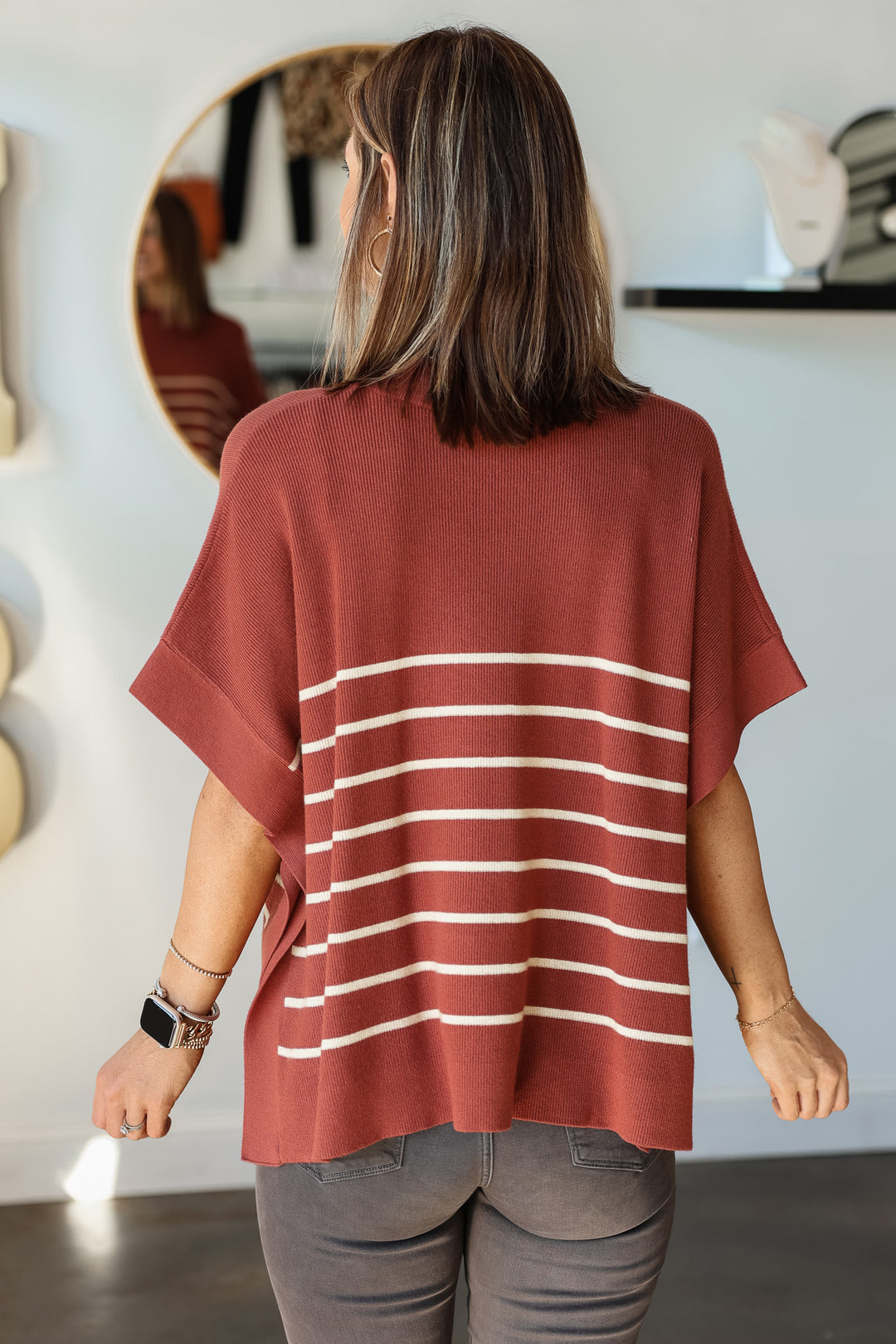 Short Sleeve Striped Sweater - Rust