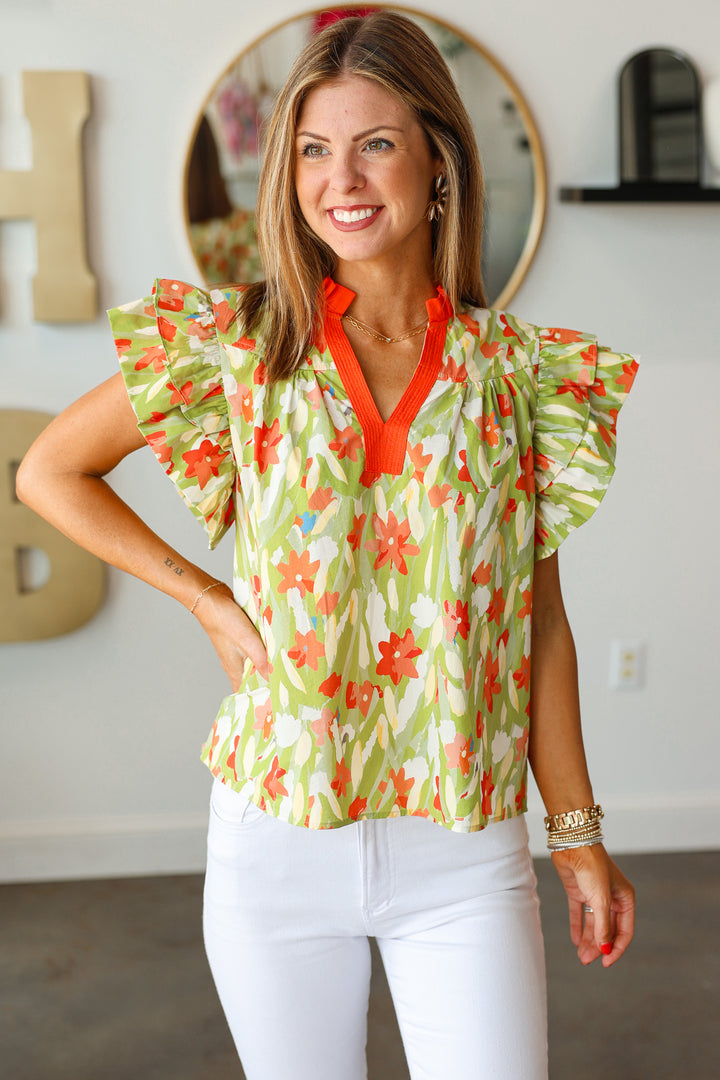 Flutter Sleeve Printed Top - Orange