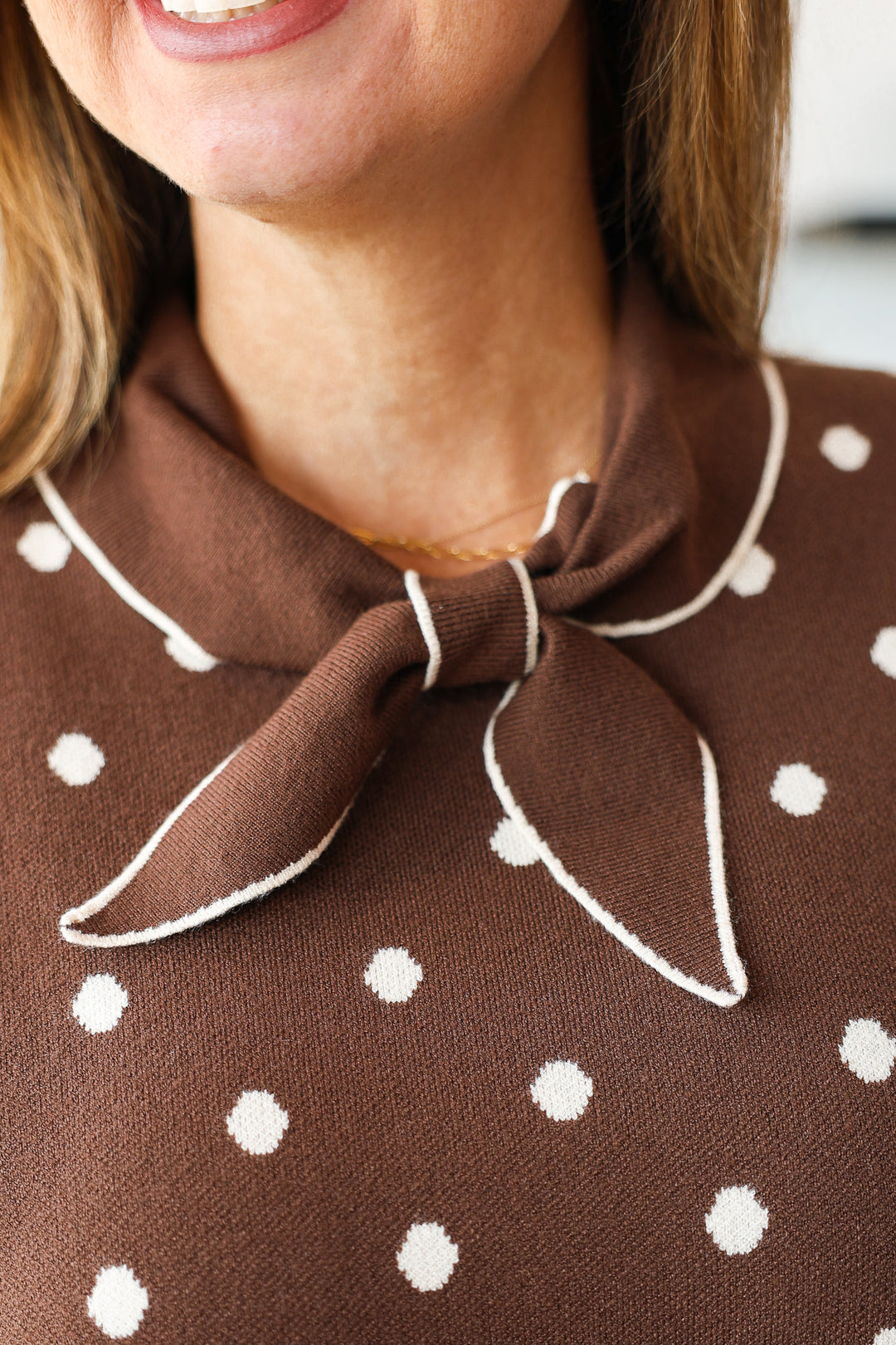 Polka Dot Tie Neck Top - Brown