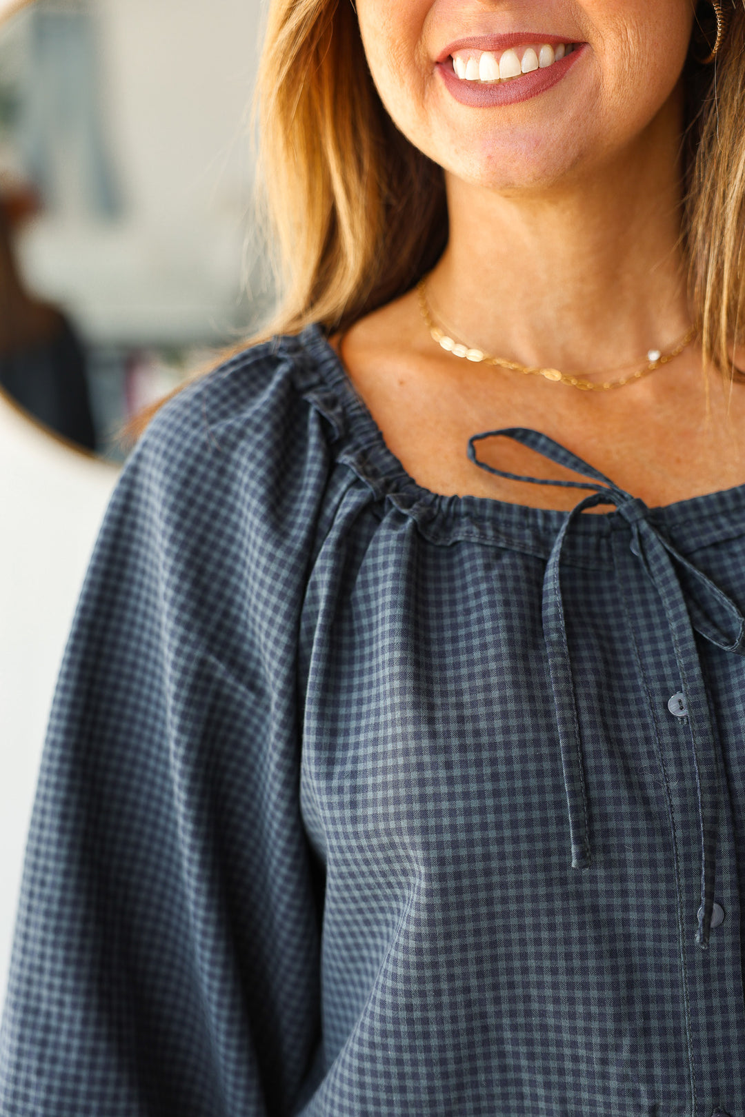 Gingham Button Front Top - Navy
