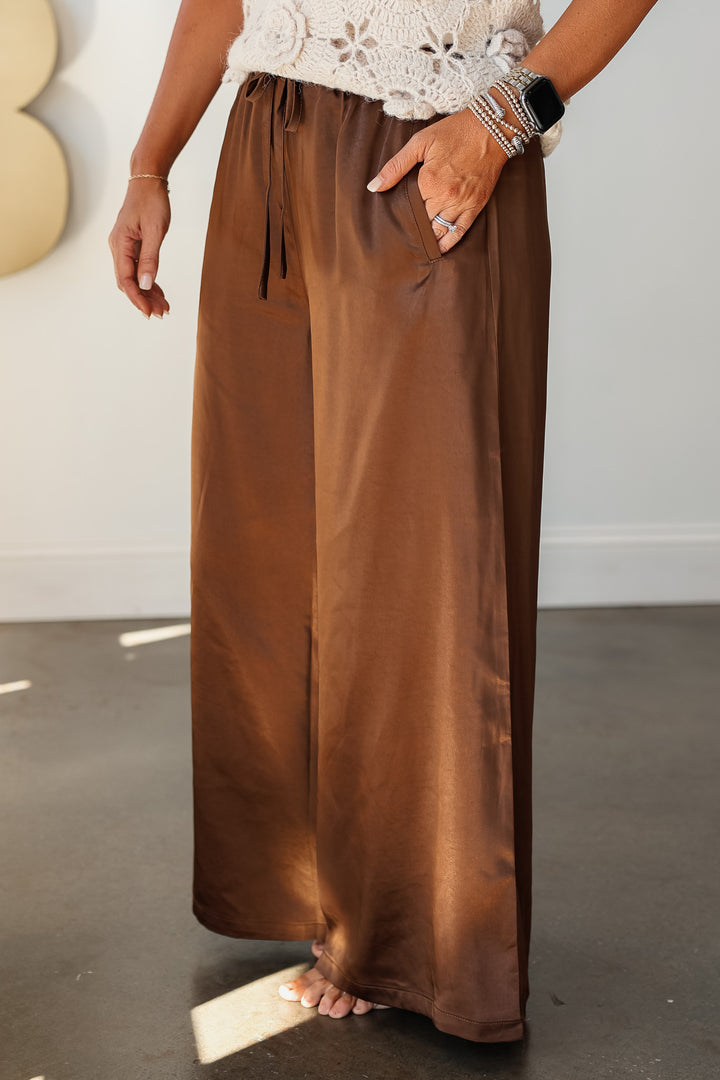 Wide Leg Satin Pants - Brown