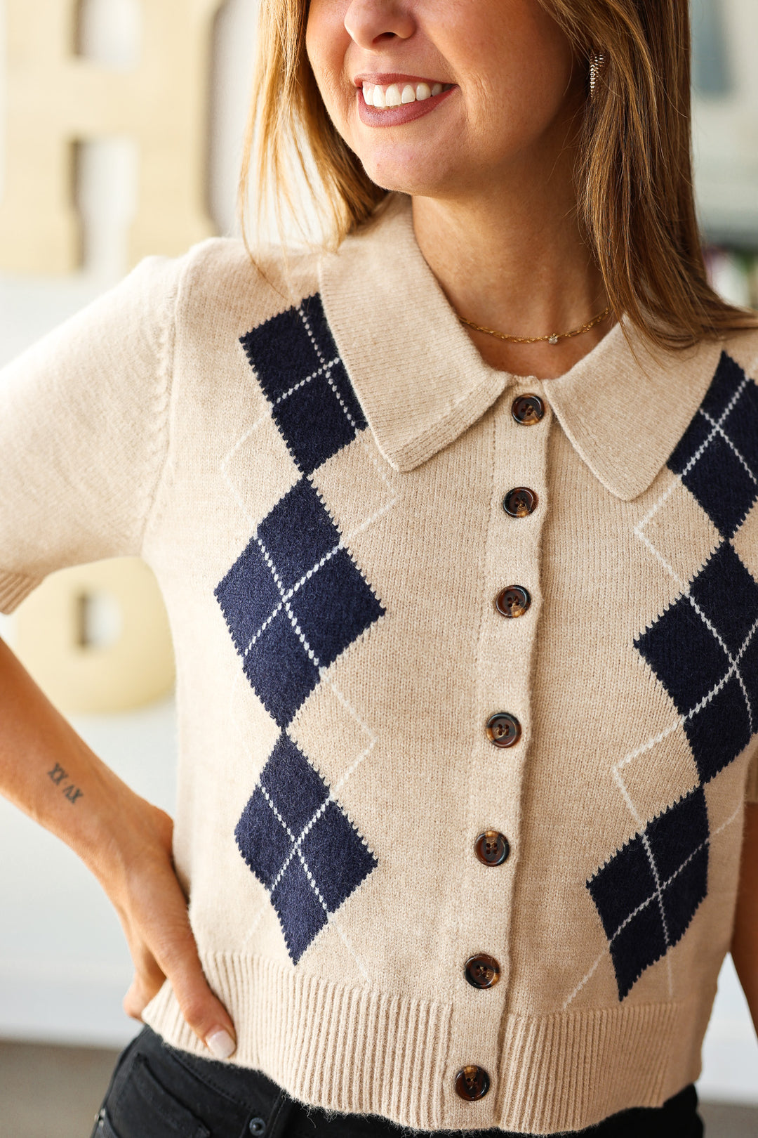 Button Front Argyle Sweater - Oatmeal