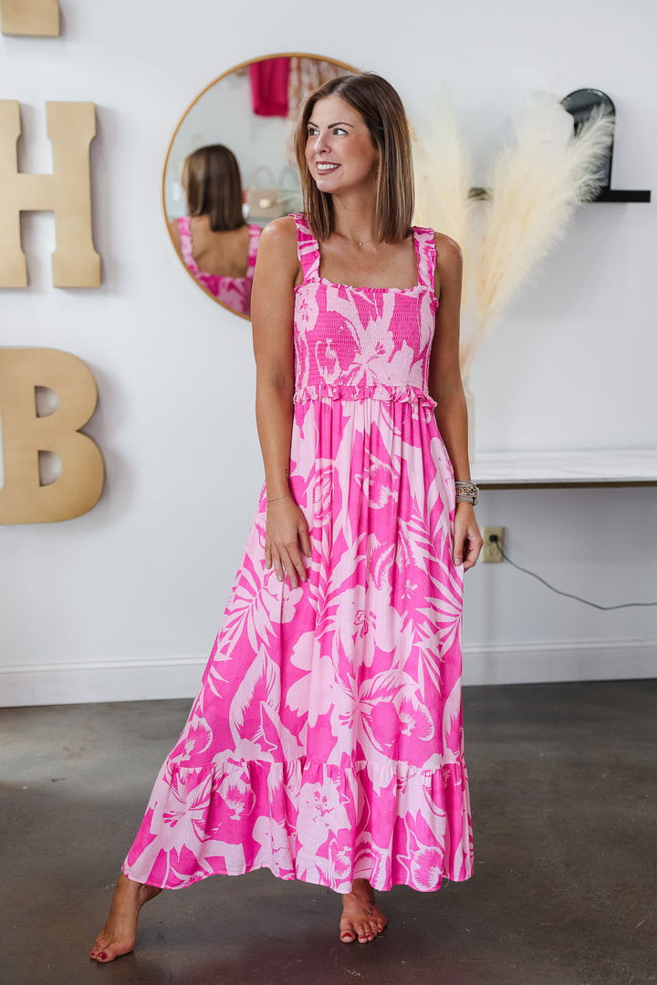 Tropical Smocked Maxi Dress - Pink