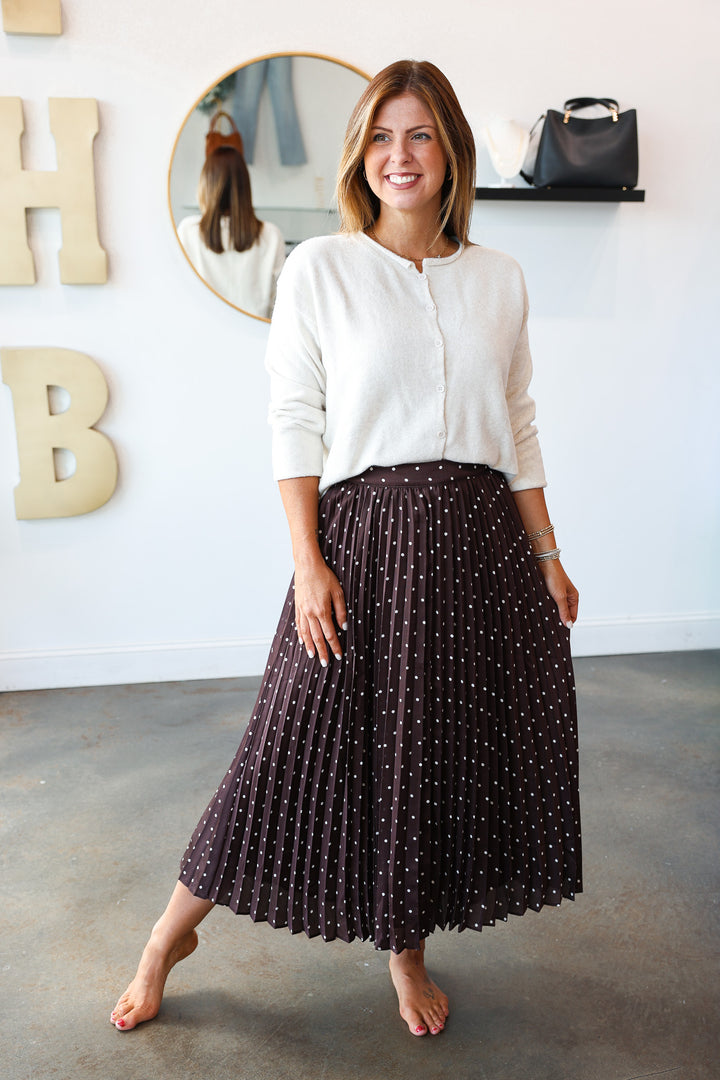 Pleated Polka Dot Midi Skirt - Brown