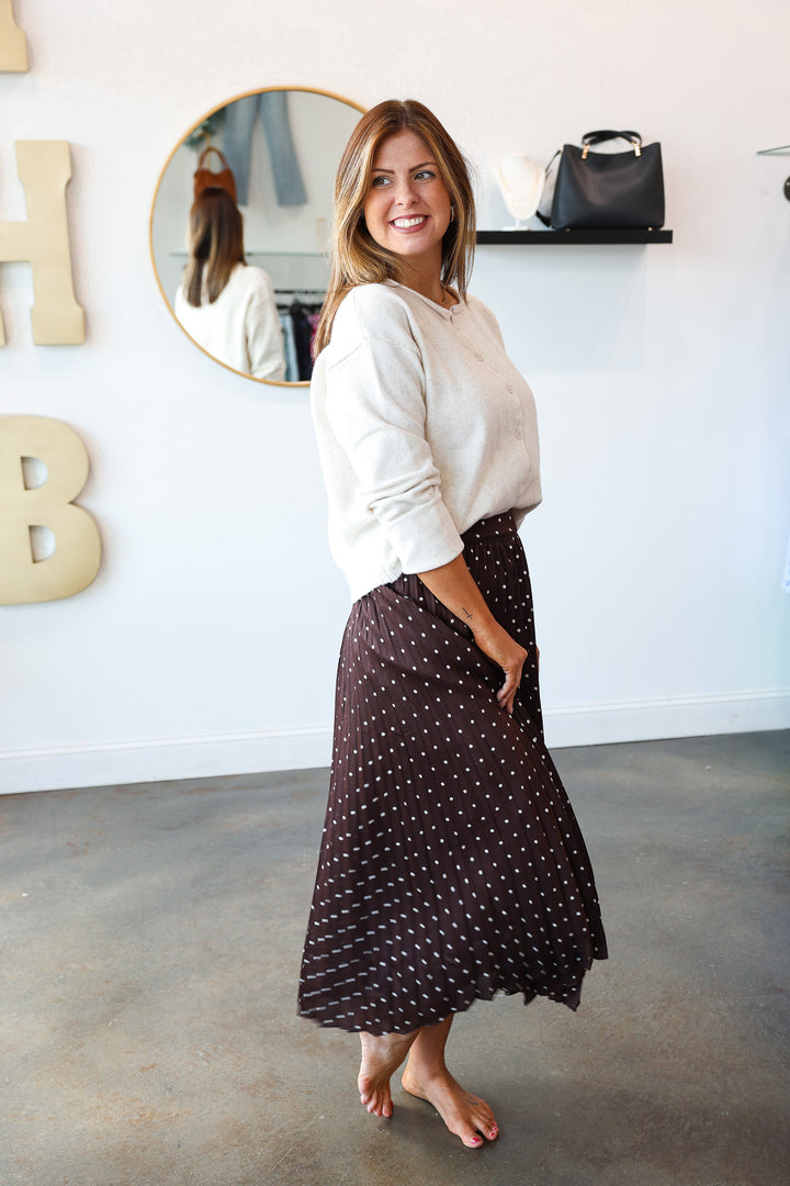 Pleated Polka Dot Midi Skirt - Brown