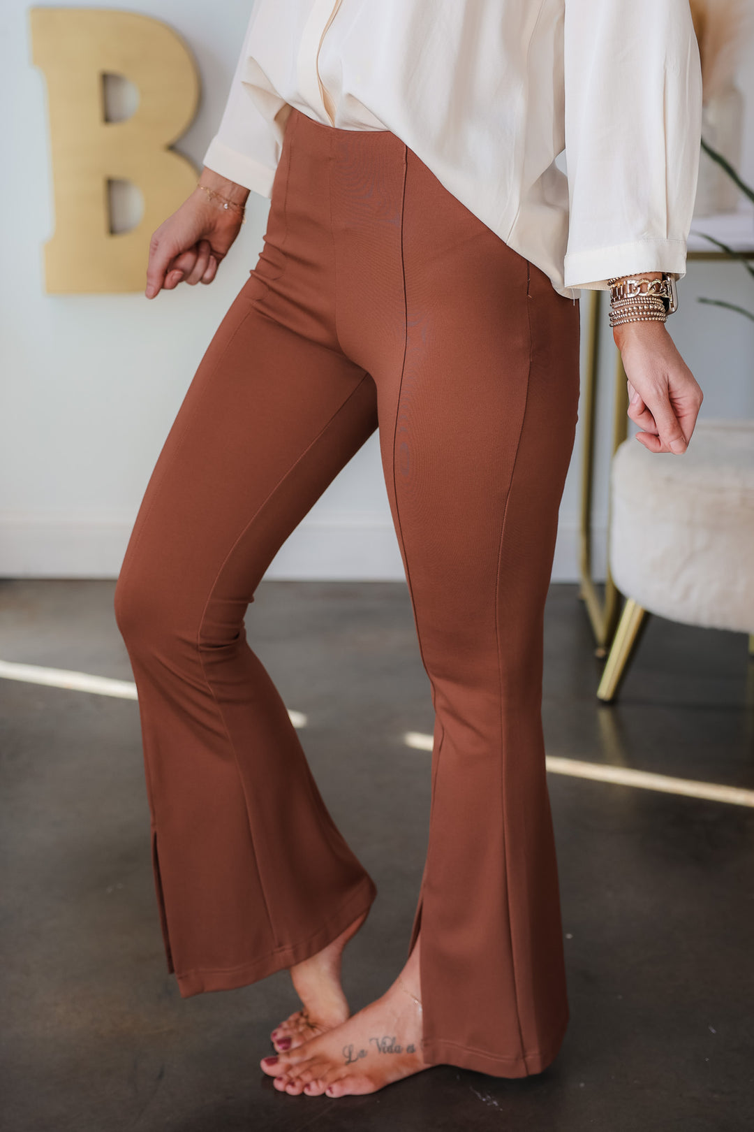 Front Slit Flare Pants - Coffee