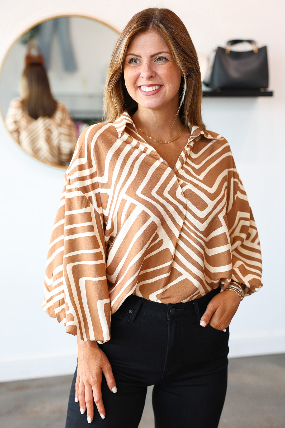 Abstract Print Top - Tan