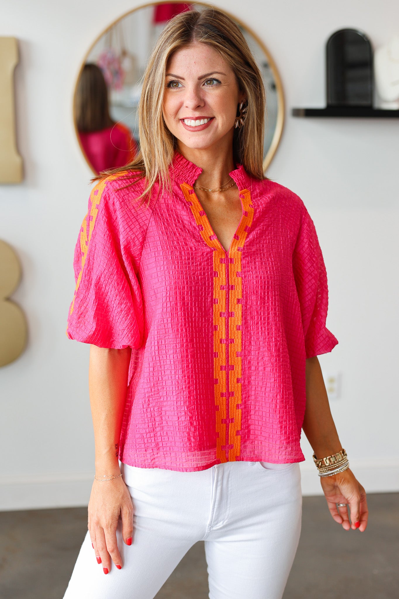 Puff Sleeve Textured Top - Pink/Orange – Ivy House Boutique