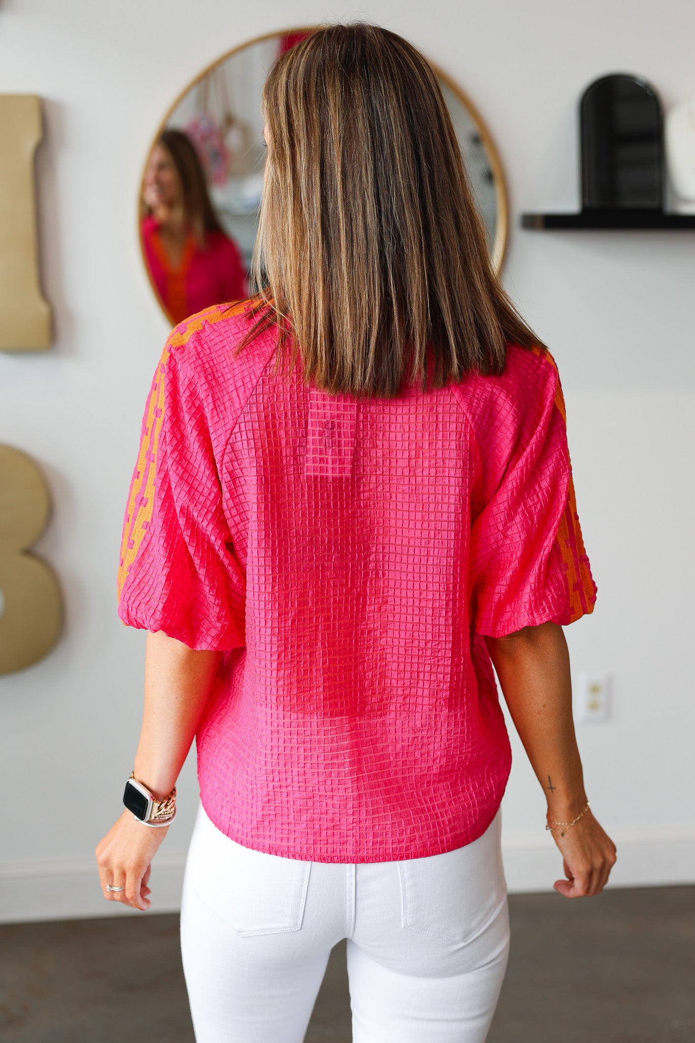 Puff Sleeve Textured Top - Pink/Orange – Ivy House Boutique