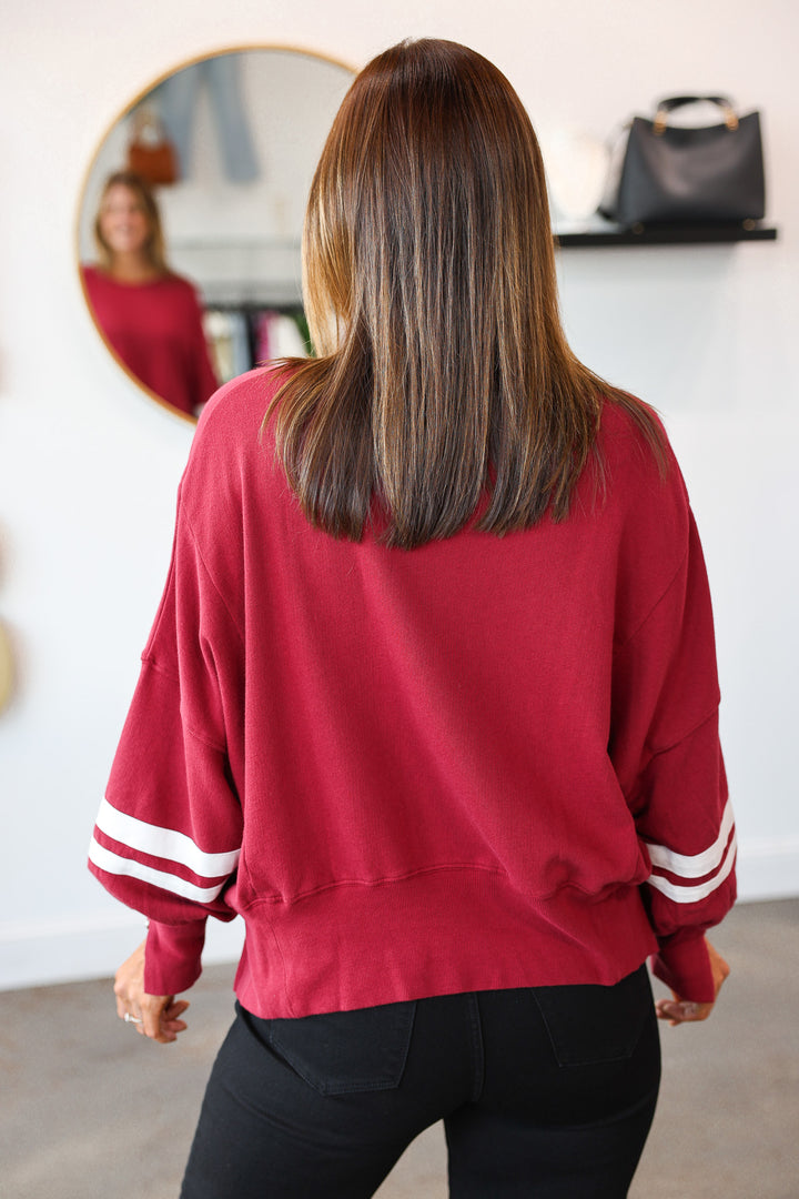 Split Hem Varsity Pullover - Red