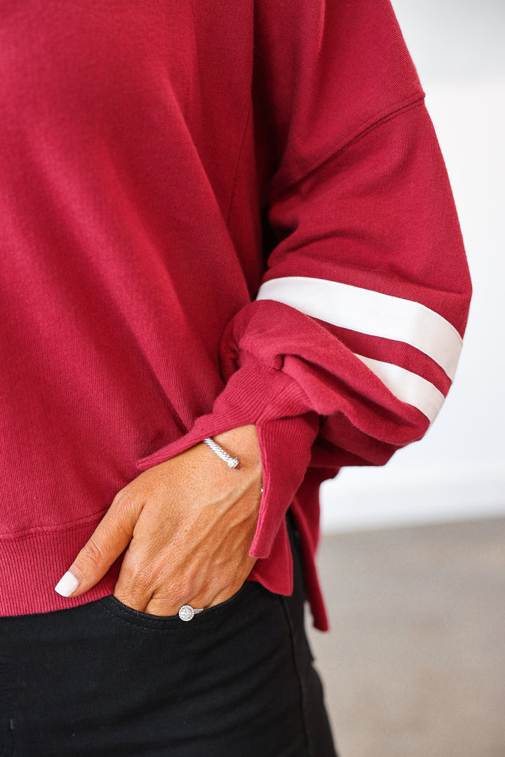 Split Hem Varsity Pullover - Red