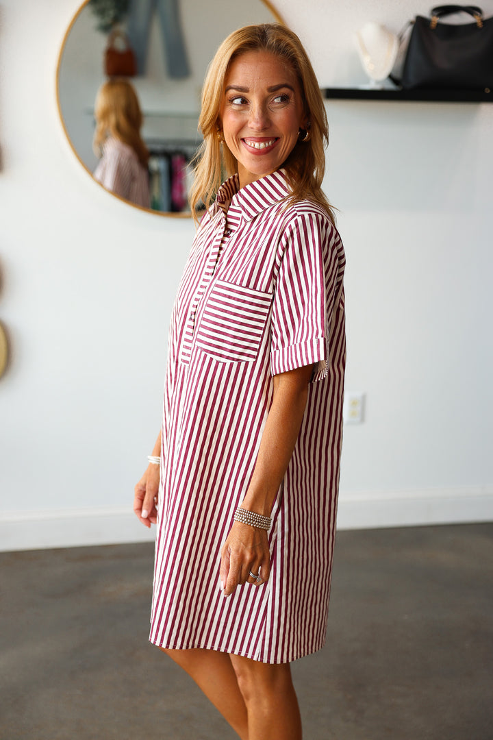 Striped Shirt Dress - Burgundy