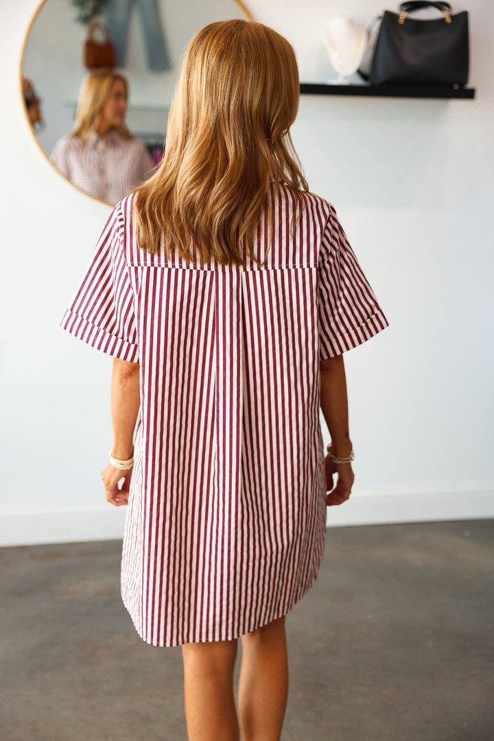 Striped Shirt Dress - Burgundy