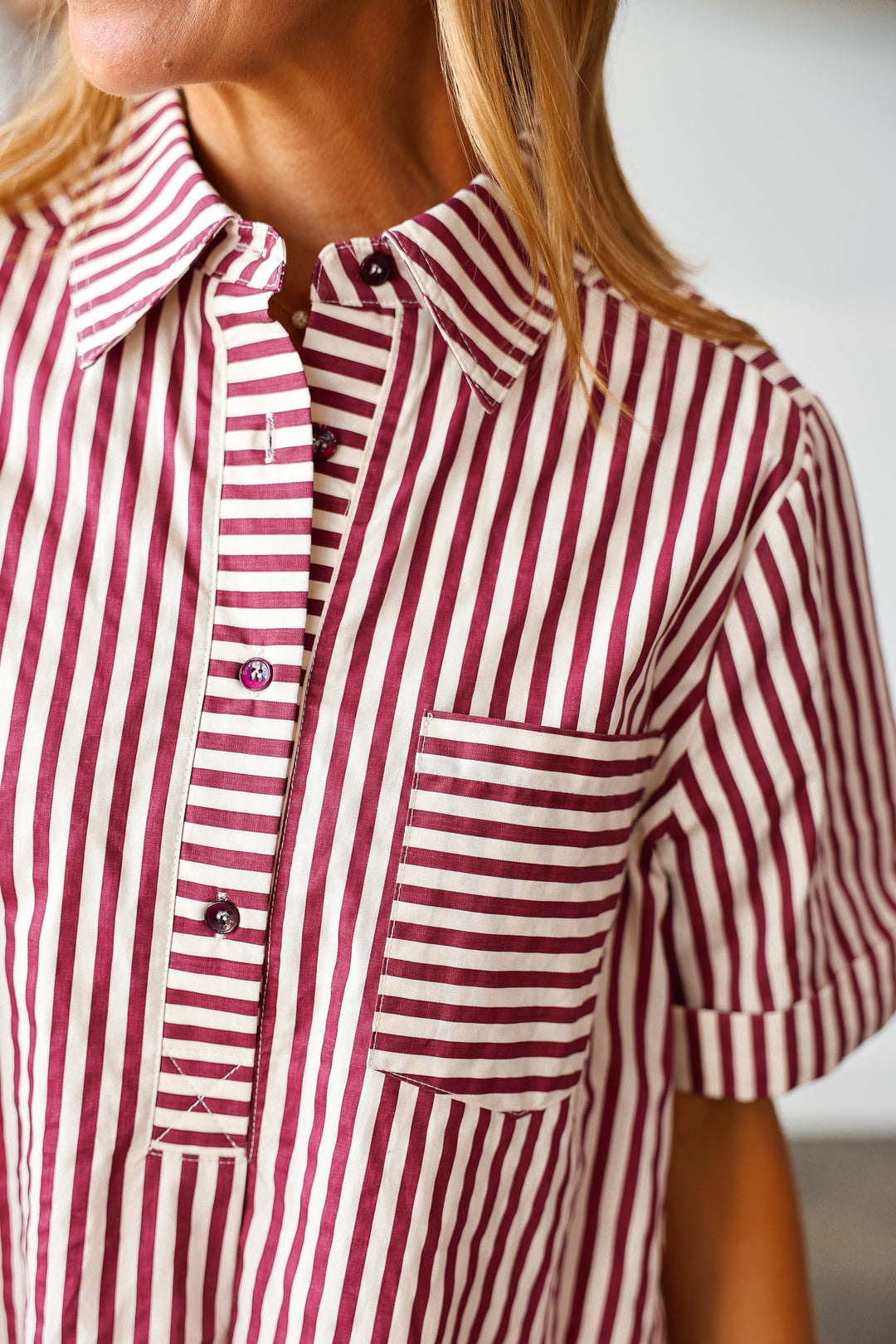 Striped Shirt Dress - Burgundy
