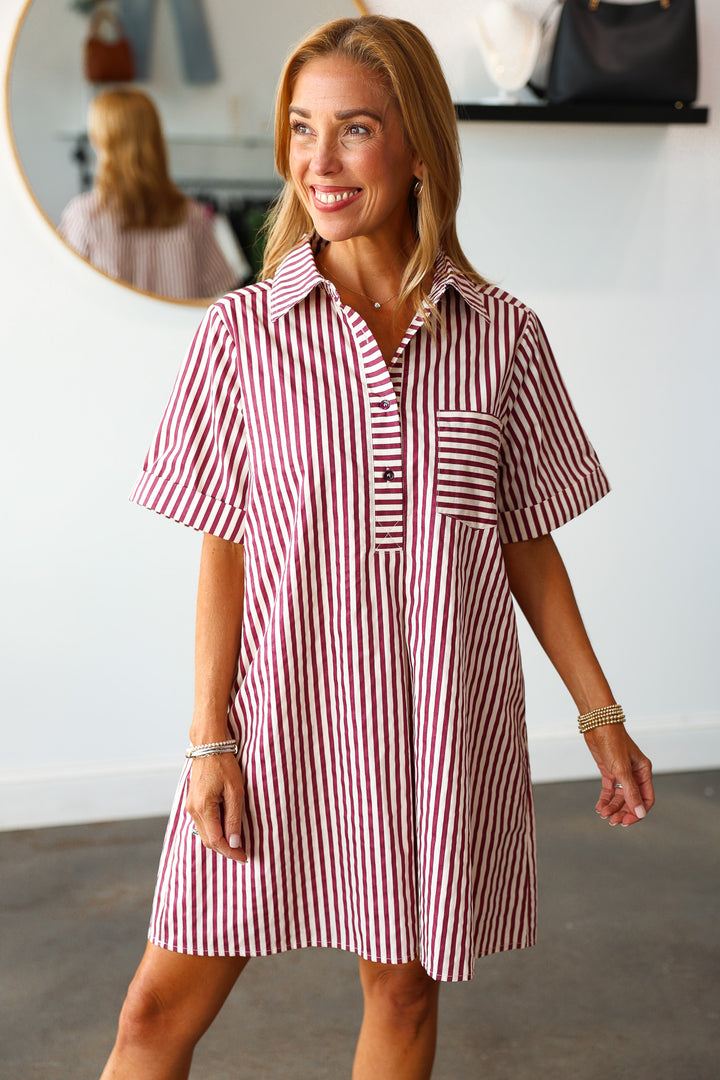 Striped Shirt Dress - Burgundy