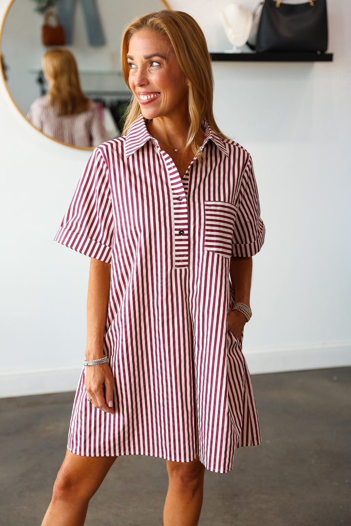 Striped Shirt Dress - Burgundy