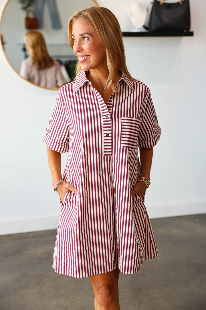 Striped Shirt Dress - Burgundy