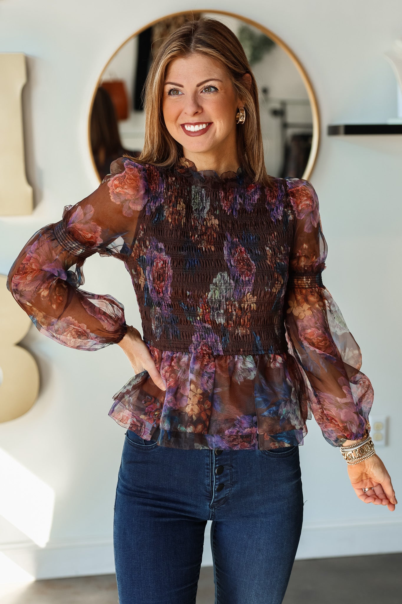 Floral Print Smocked Bodice Top Brown Ivy House Boutique