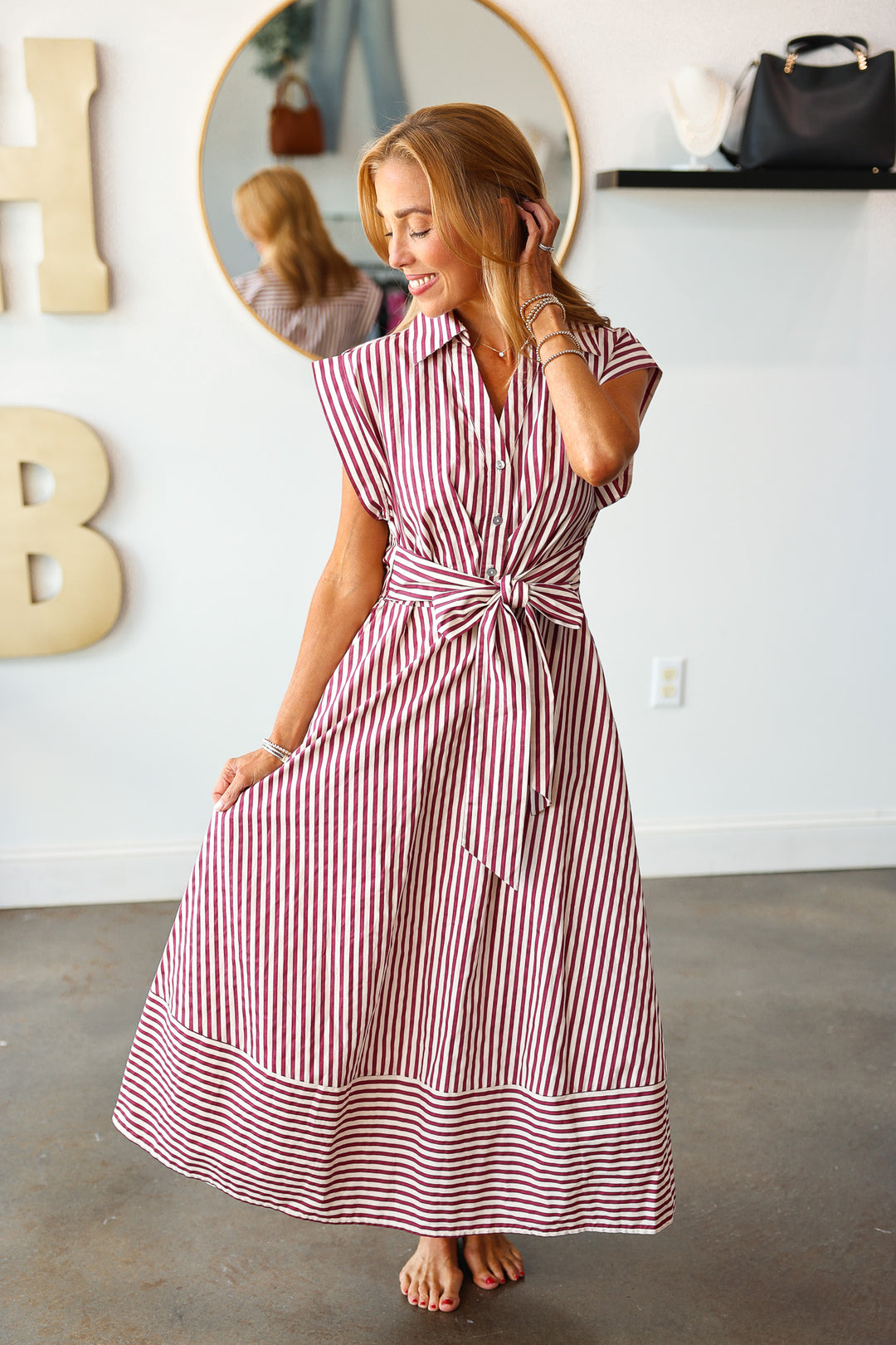 Front Tie Striped Dress - Burgundy