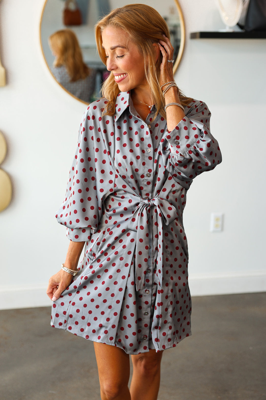 Polka Dot Tie Front Dress - Gray/Red