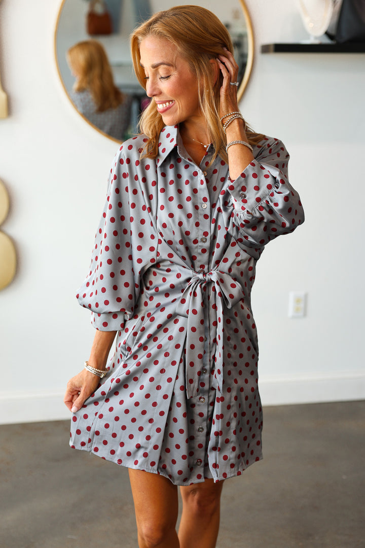 Polka Dot Tie Front Dress - Gray/Red