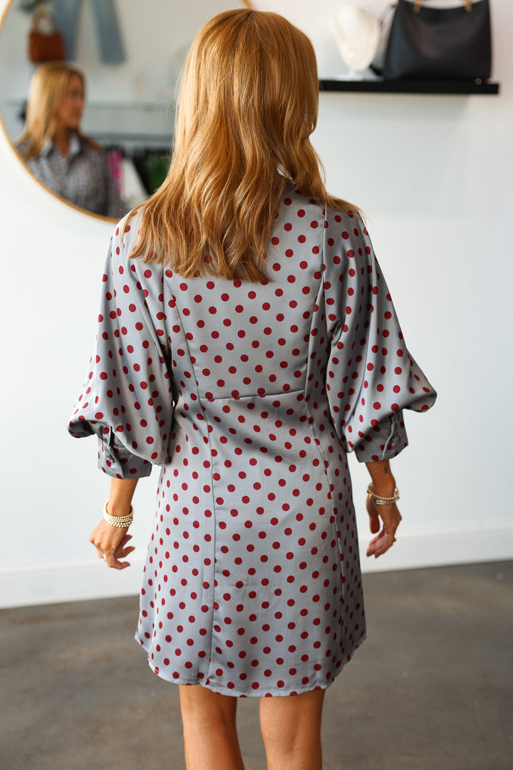 Polka Dot Tie Front Dress - Gray/Red