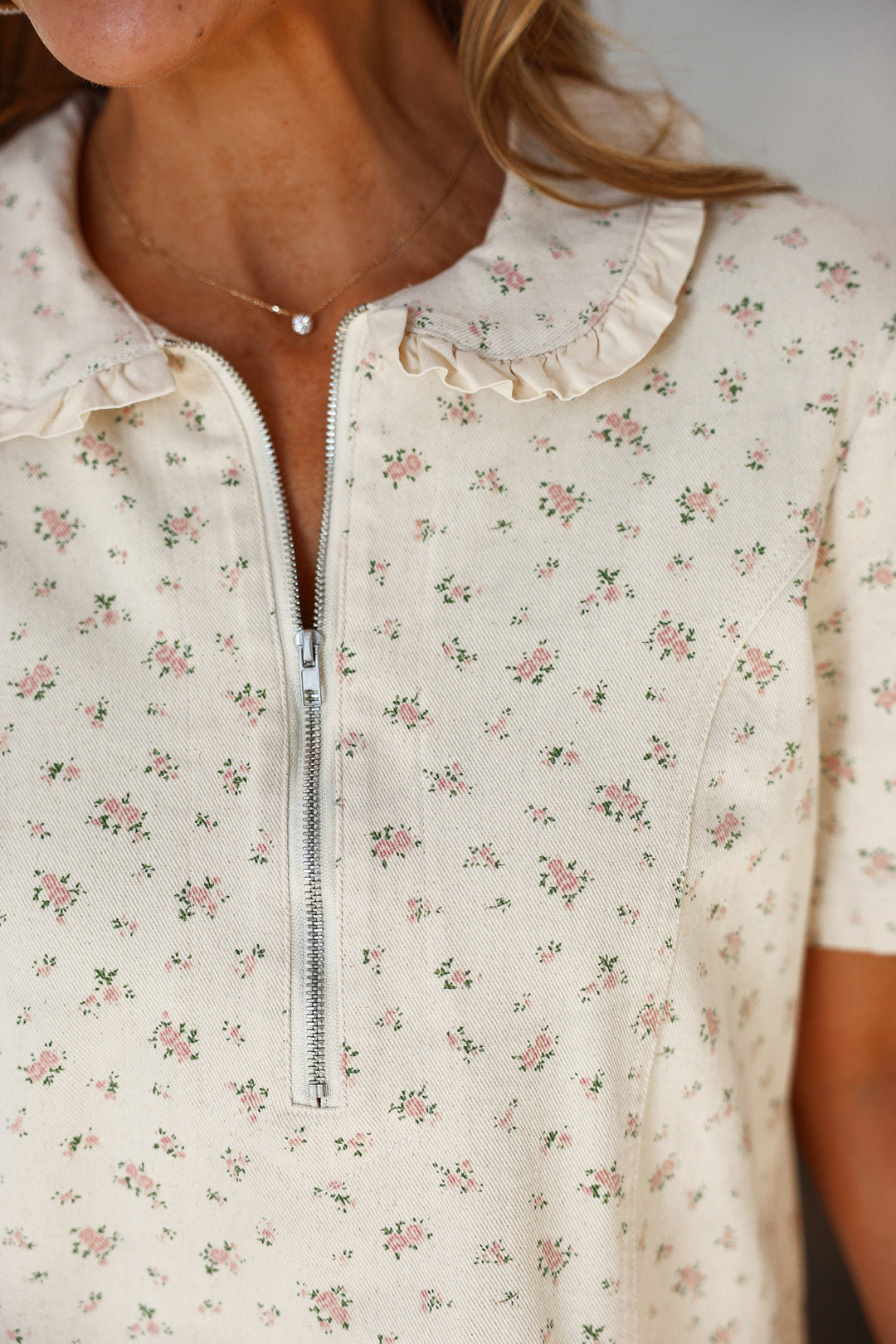 Front Zip Mini Floral Denim Dress