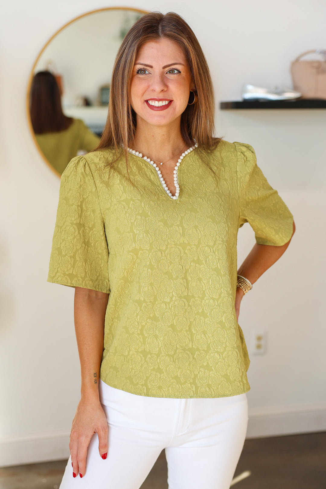 Pearl Trim Textured Top - Kiwi