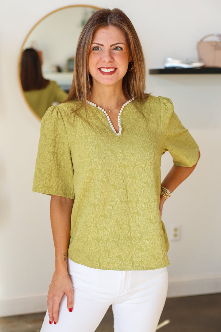 Pearl Trim Textured Top - Kiwi