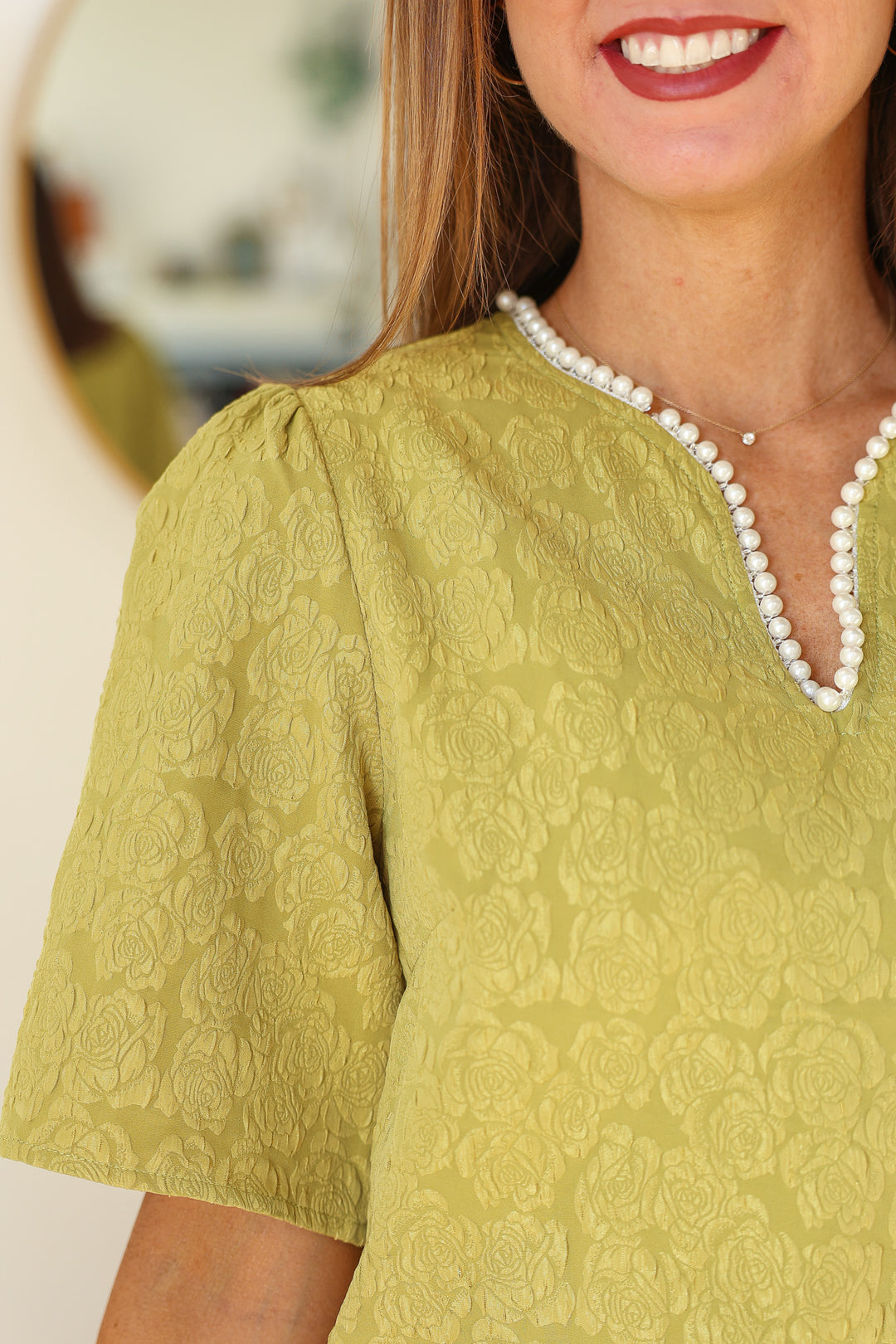 Pearl Trim Textured Top - Kiwi