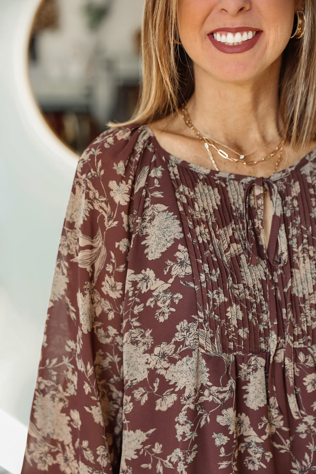 Tie Front Printed Top - Brown