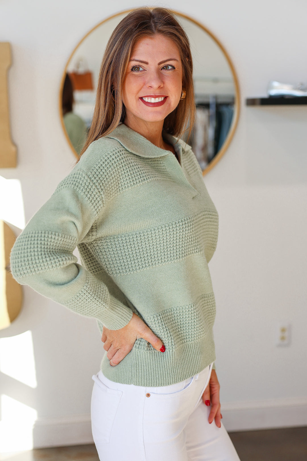 Textured Collared Sweater - Sage