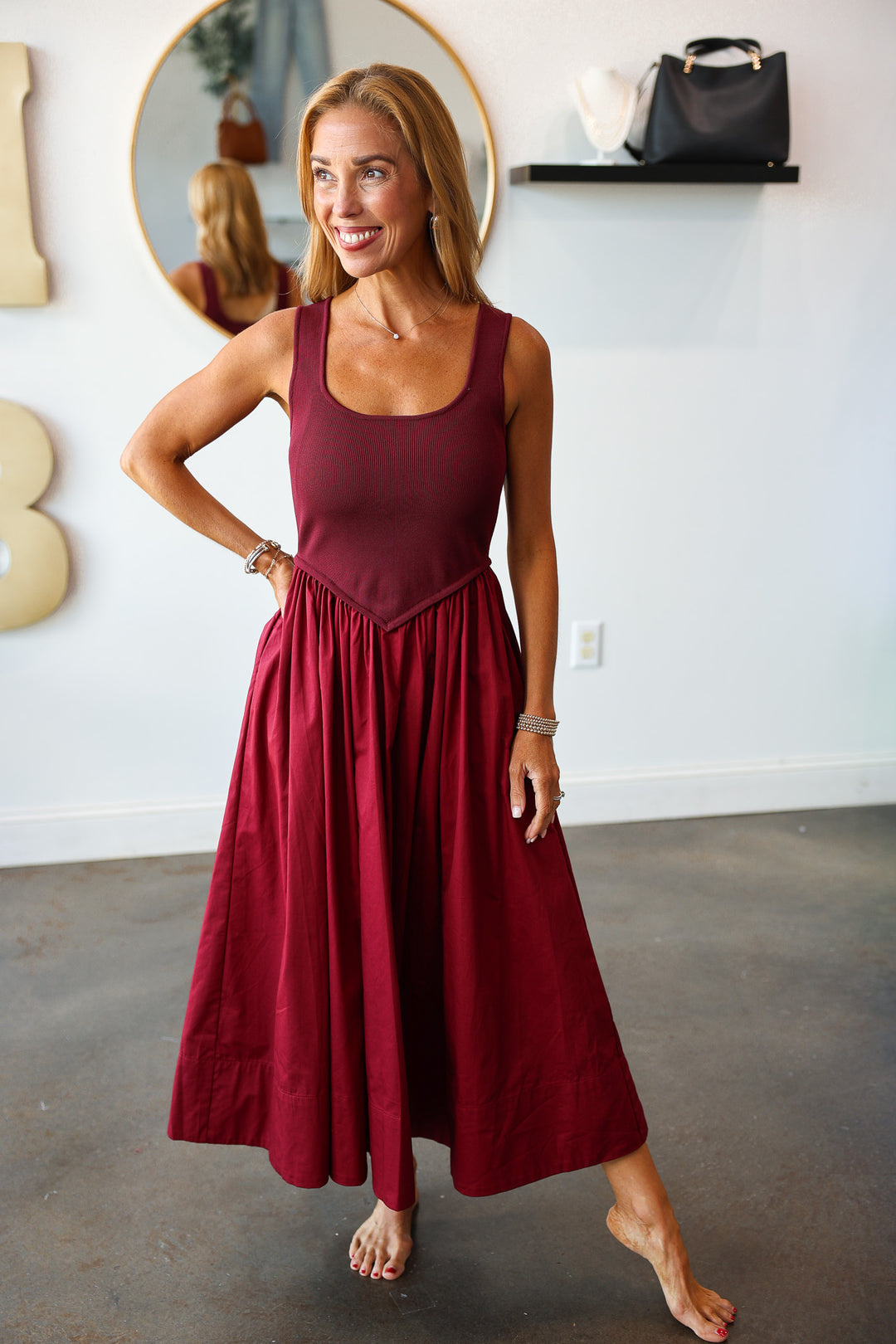 Mixed Media Midi Dress - Wine