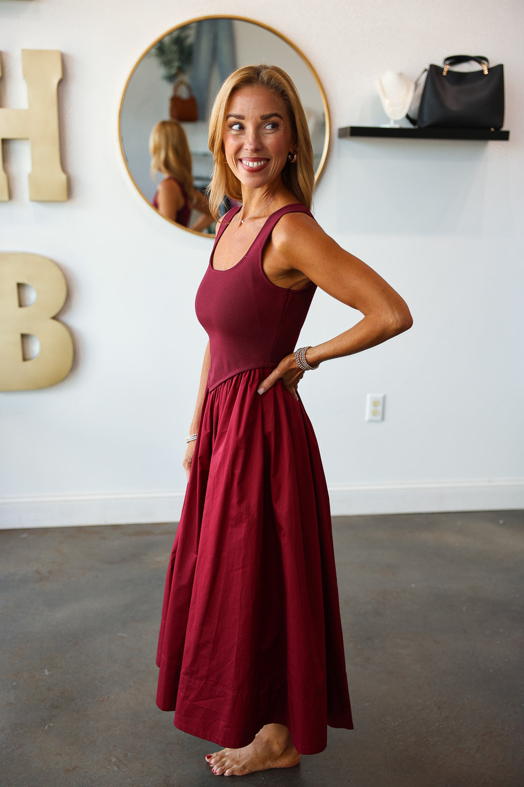 Mixed Media Midi Dress - Wine