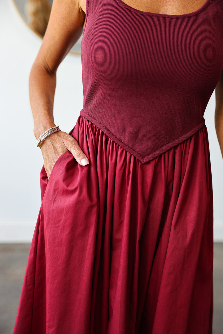 Mixed Media Midi Dress - Wine