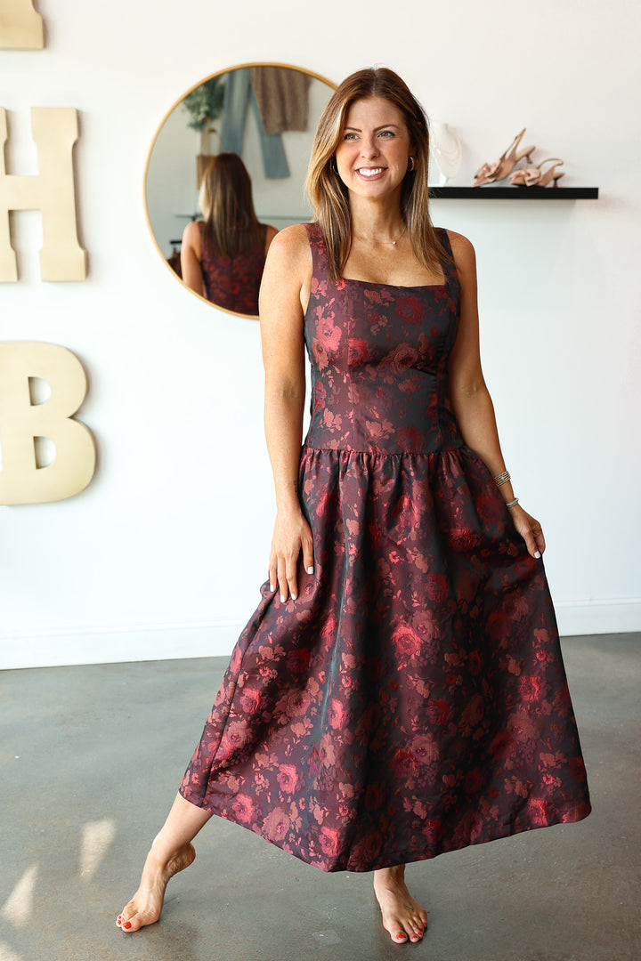 Floral Jacquard Midi Dress - Brown/Red
