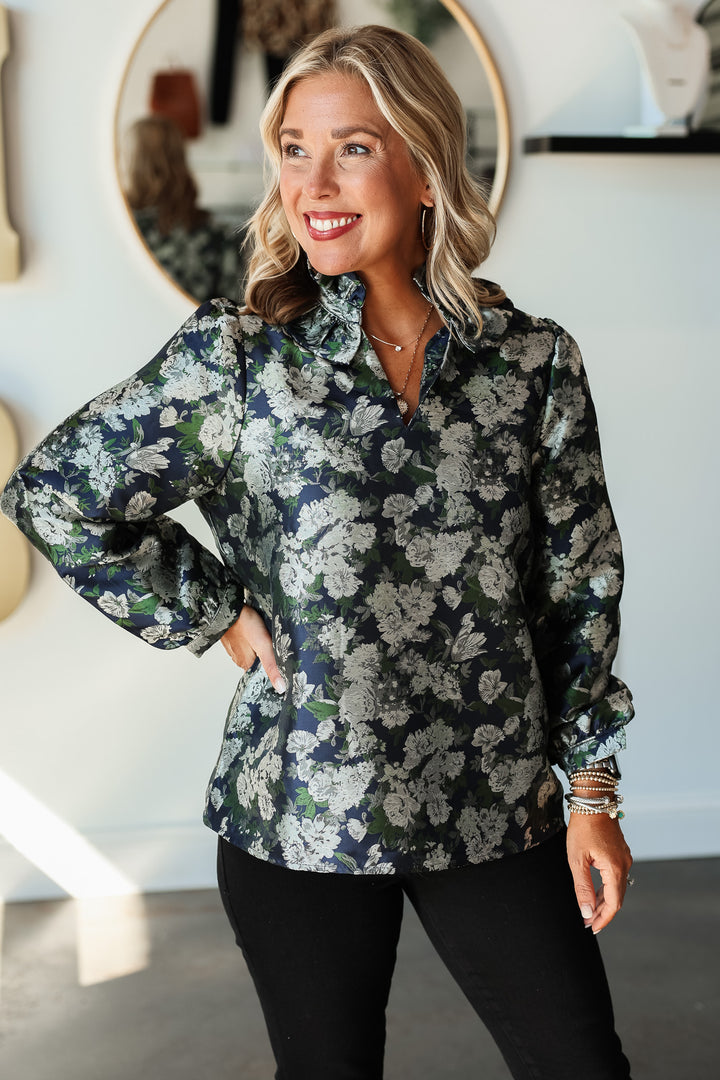 Ruffle Collar Floral Top - Navy/Green