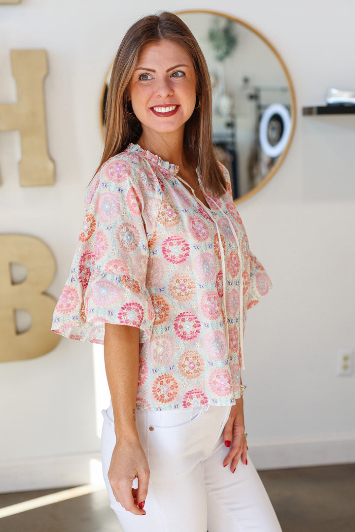 Embroidered Printed Top
