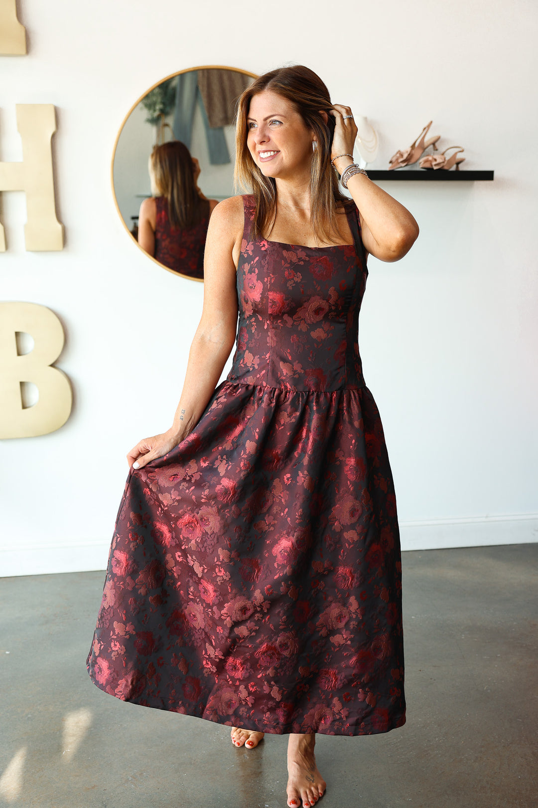Floral Jacquard Midi Dress - Brown/Red