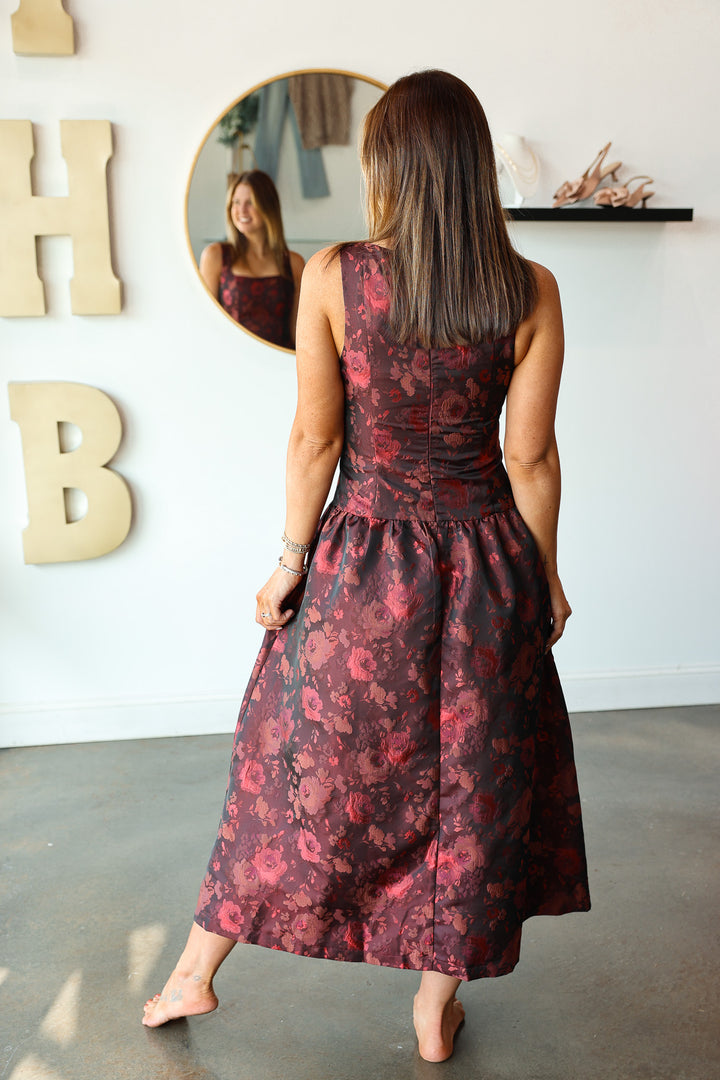 Floral Jacquard Midi Dress - Brown/Red