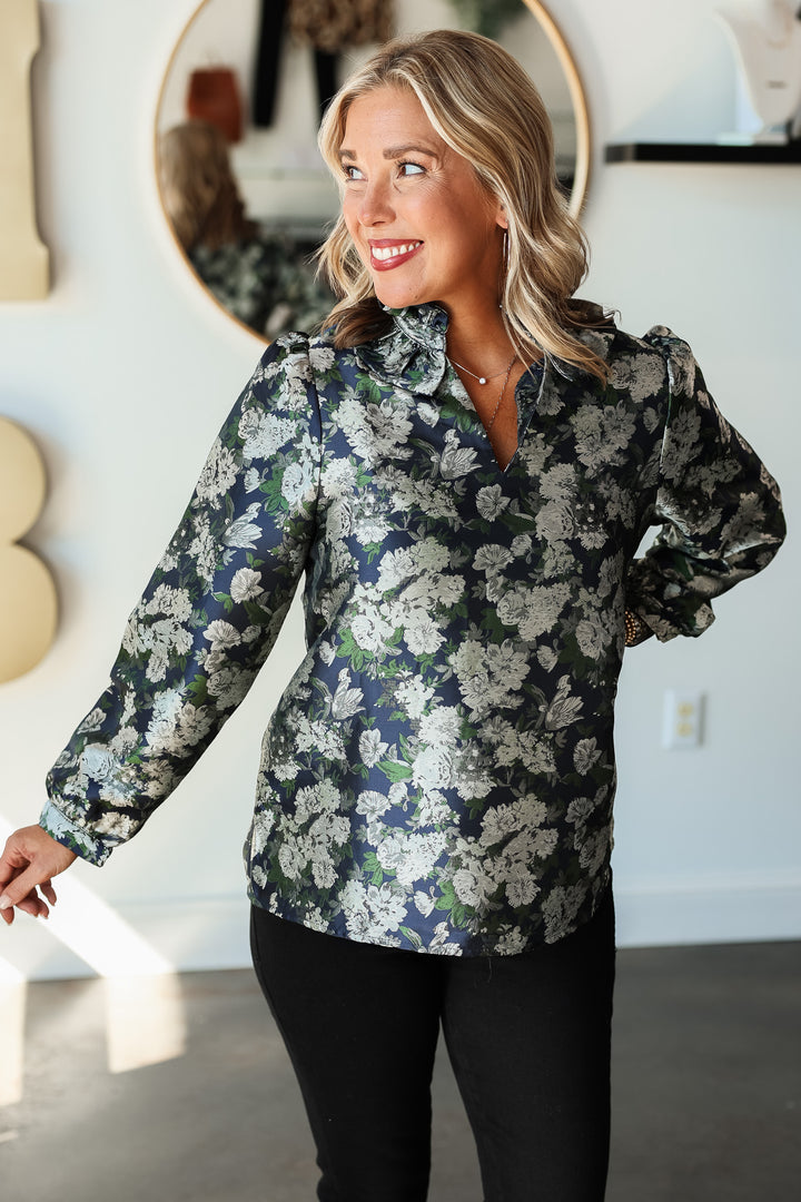 Ruffle Collar Floral Top - Navy/Green