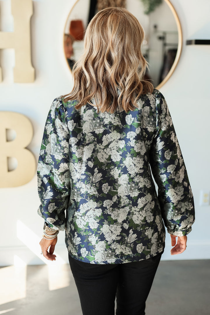 Ruffle Collar Floral Top - Navy/Green