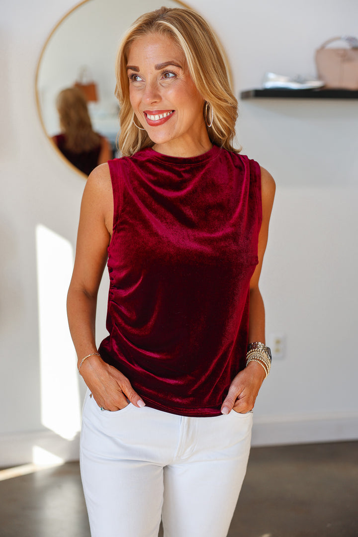 Asymmetrical Velvet Tank - Cherry