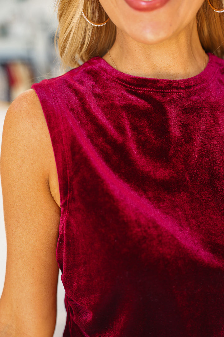 Asymmetrical Velvet Tank - Cherry