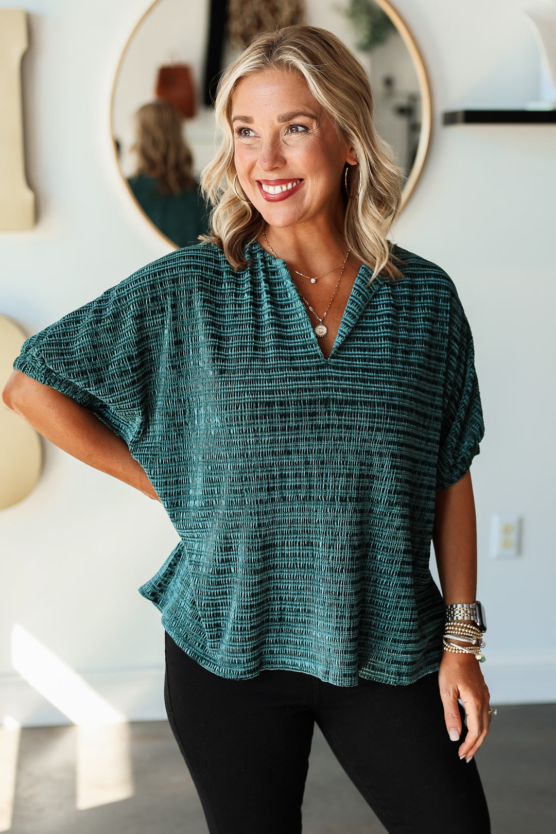 V Neck Velvet Top - Teal