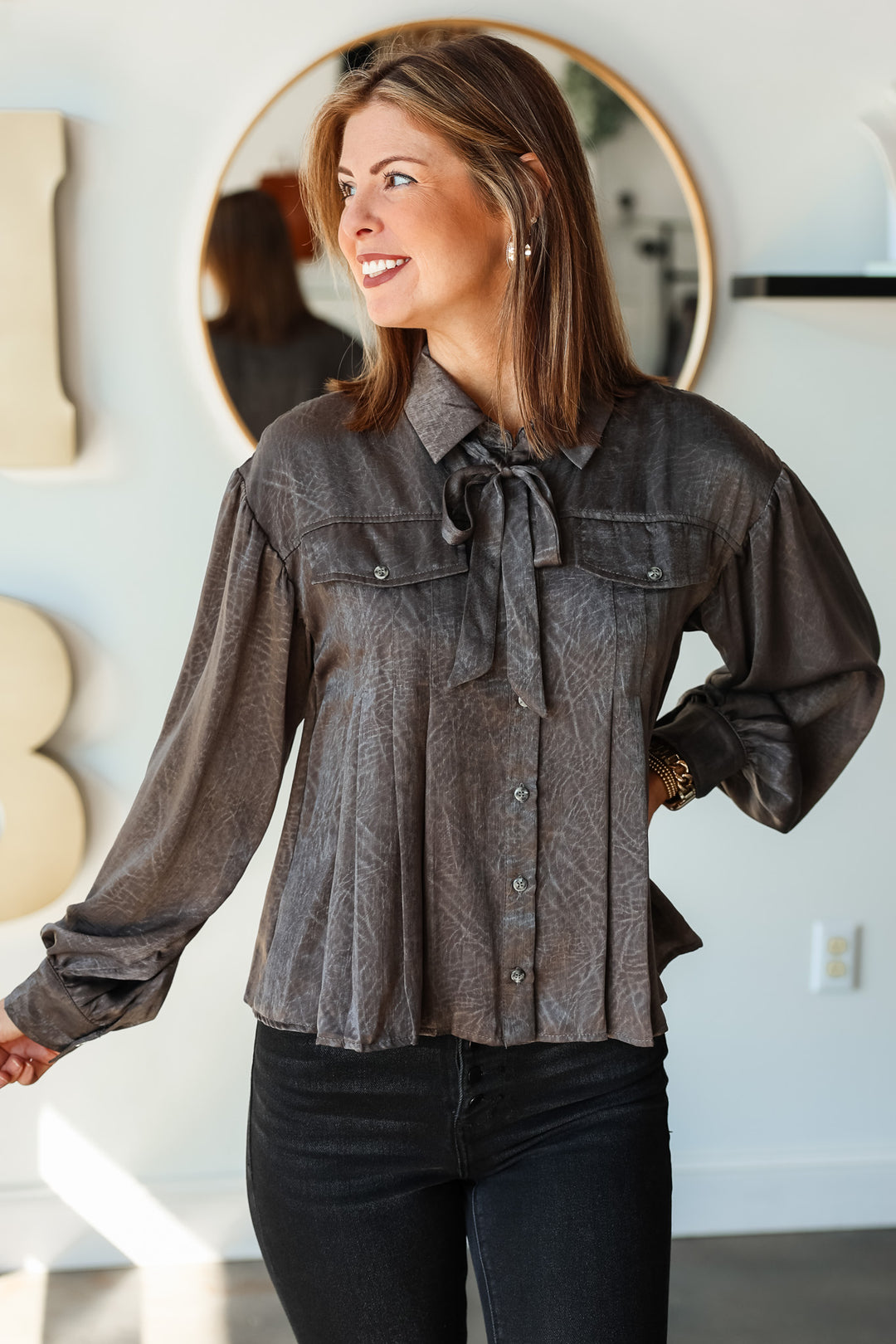 Tie Neck Pleated Blouse - Charcoal