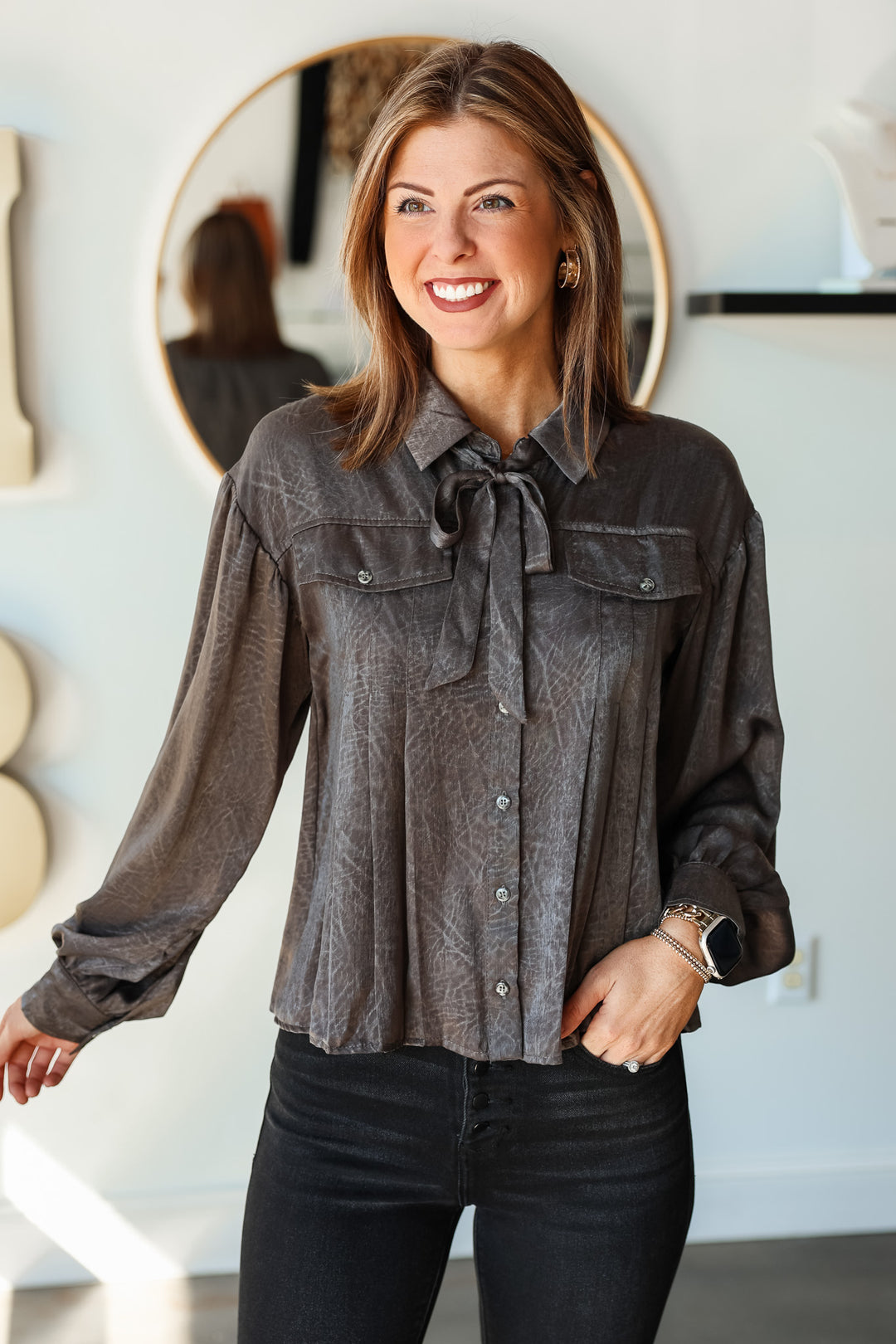 Tie Neck Pleated Blouse - Charcoal